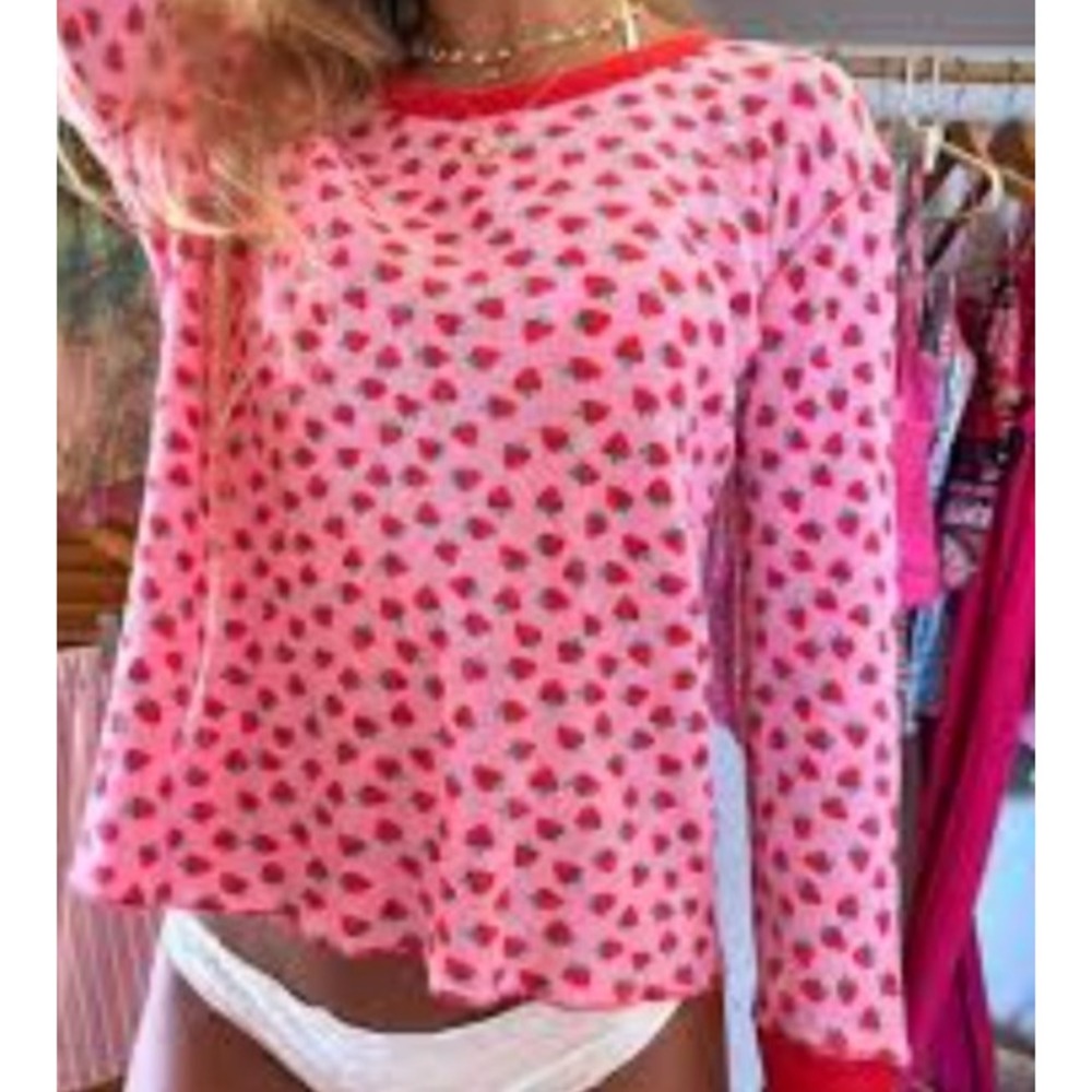 Victoria's Secret Pink Strawberry waffle knit Cotton Long Sleeve Tee Red trim Lg